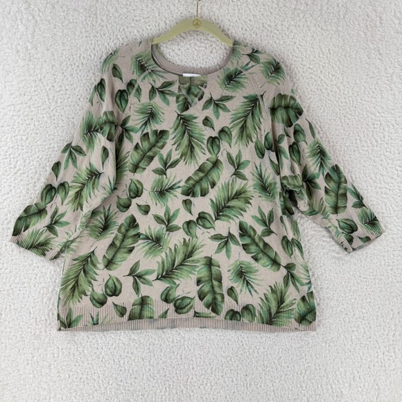 J. Jill Sweaters - J. Jill Green Leaf‎ Print Pullover Sweater Womens 3/4 Sleeve Stretch Size PM